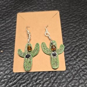Charming Green Cactus Earrings with Gem Details